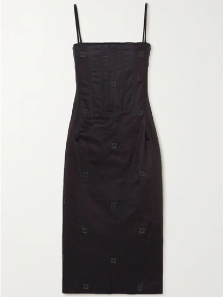 Miaou Black Embroidered Slip Midi Dress With Spaghetti Straps